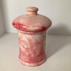 Vintage Hand Carved Alabaster Apothecary Vanity Jar Lid Pink Red Made in Spain 4